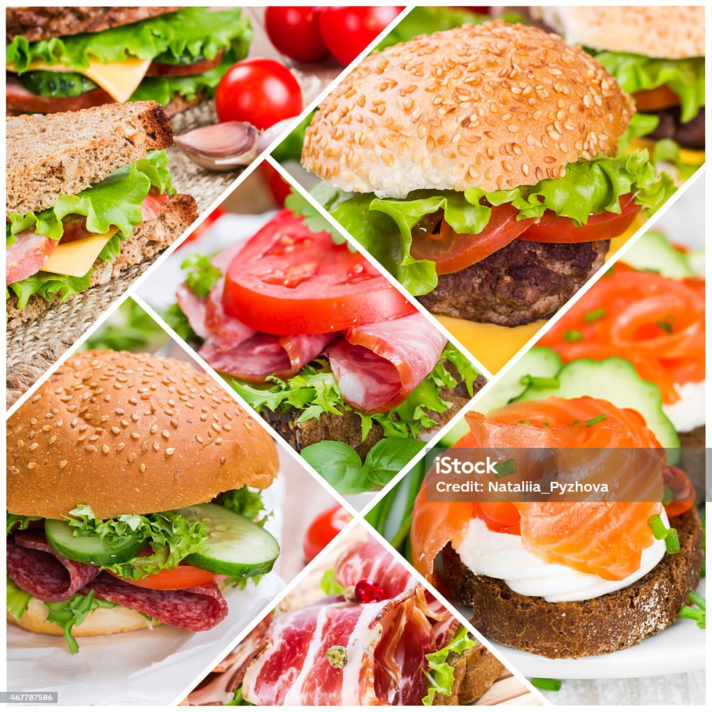 Collage of sandwiches Collage of sandwiches with ham and salmon 2015 Stock Photo