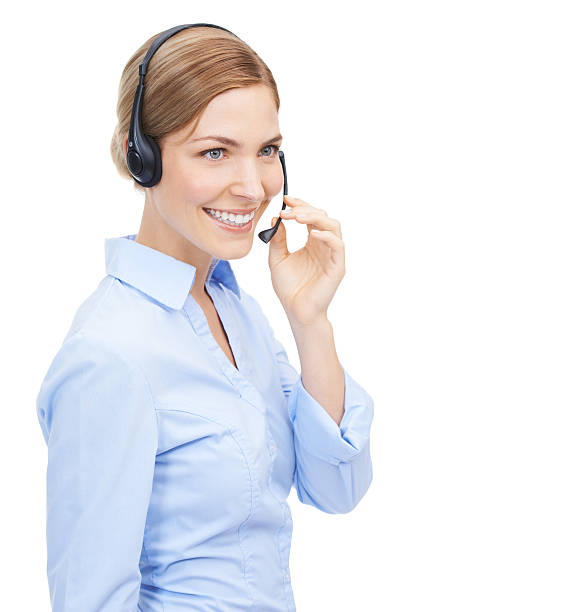 assicurarsi che i clienti siano soddisfatti - white collar worker global communications side view headset foto e immagini stock