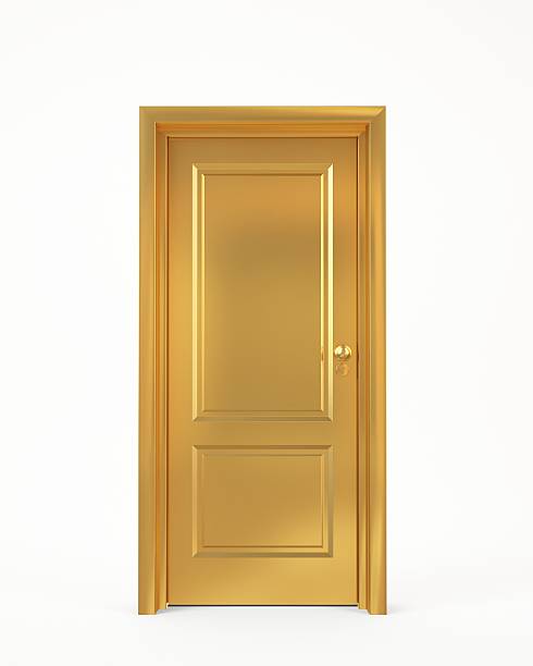 golden closed door on white background stock photo