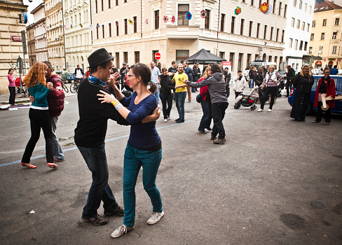Prague, Czech Republic - 21 September 2013 - Young couples dance in the streets of Prague as part of a cultural festival.