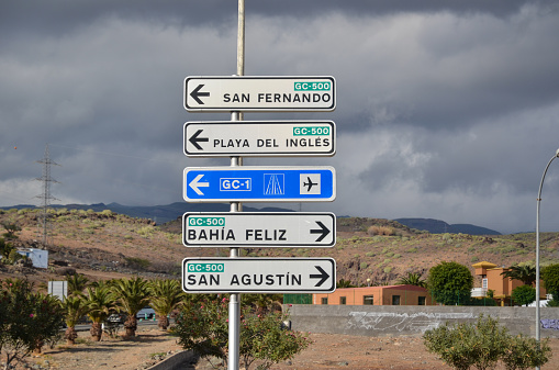 Road signs pointing at popular resorts at Gran Canaria, Canary Islands, Spain