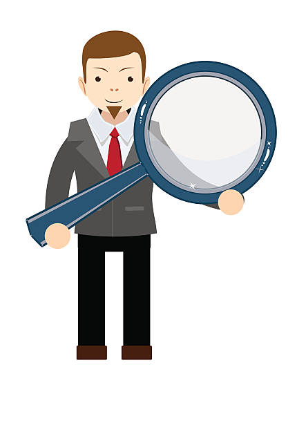 ilustraciones, imágenes clip art, dibujos animados e iconos de stock de hombre con lupa en sus manos - low scale magnification glass men businessman