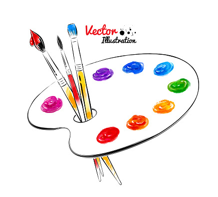 Paint palette. Hand drawn watercolor and line art. Vector illustration. isolated.