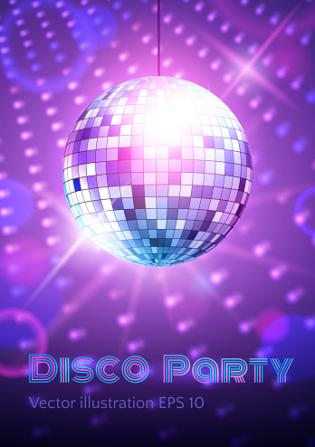 Disco ball on disco lights background. Vector illustration.