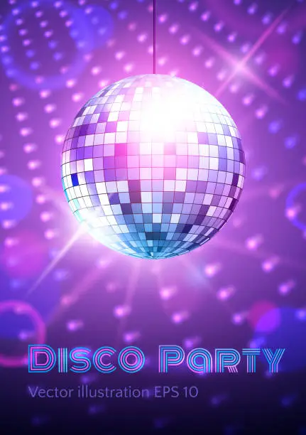 Vector illustration of Disco ball on disco lights background.