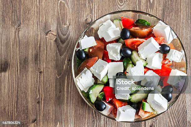 Greek Salad On Wooden Background Stock Photo - Download Image Now - 2015, Appetizer, Black Olive