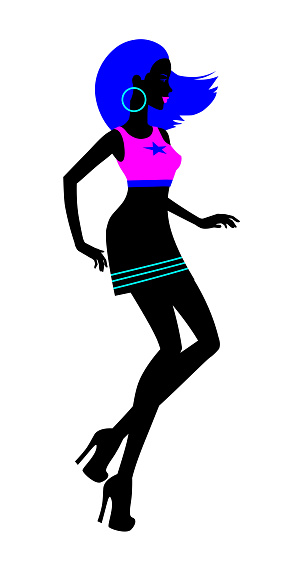 90s style silhouette of dancing girl. Vector, isolated.