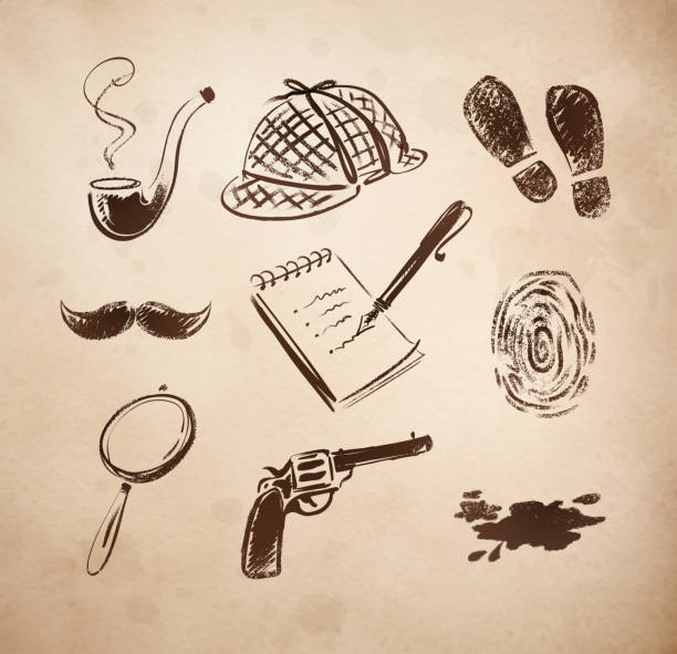 ilustraciones, imágenes clip art, dibujos animados e iconos de stock de detective sketch icons set. - detective inspector forensic science searching