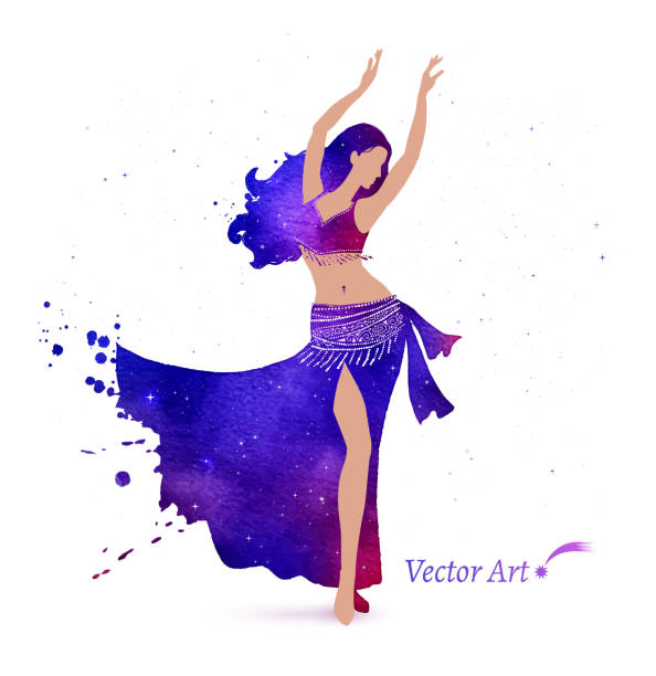 Belly dancer. Belly dancer with space pattern on dress. Watercolor art. Vector illustration. belly dancing stock illustrations