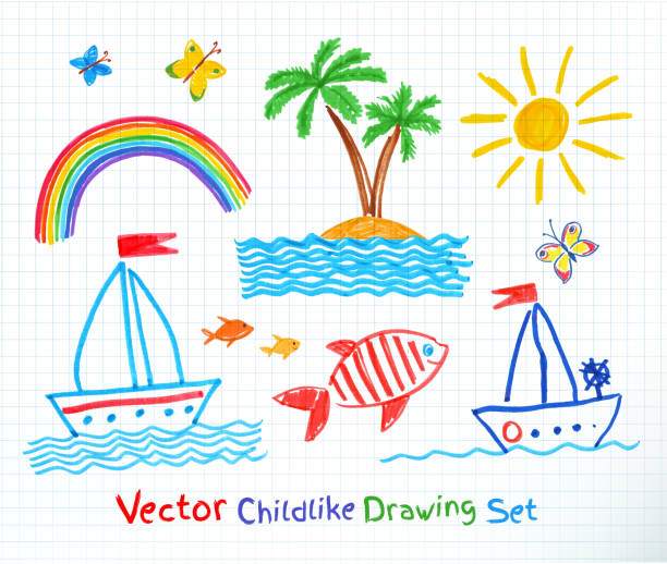 Summer seaside set. Summer seaside set. Felt pen childlike drawing. Vector illustration. crayon drawing stock illustrations