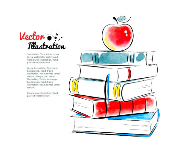illustrazioni stock, clip art, cartoni animati e icone di tendenza di mela rossa su libri. - pile of books illustrations