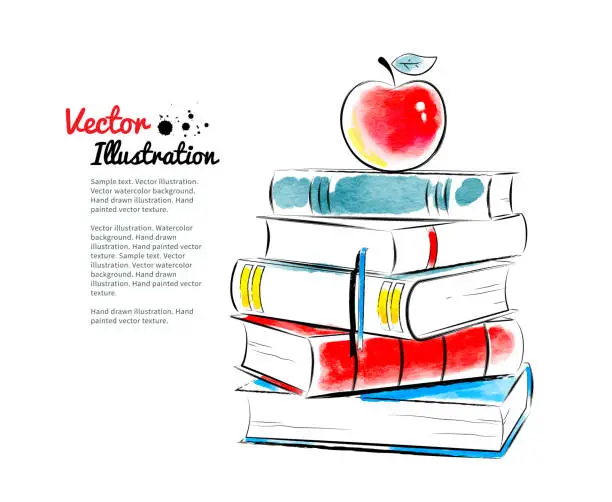 Vector illustration of Red apple on books.