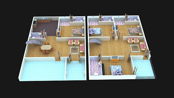 Interior plan19 for home ground floor and first floor- 3D 3D interior design for home (ground floor and first floor), with beautiful furnitures and flooring with black in background. the clinton foundation stock pictures, royalty-free photos & images