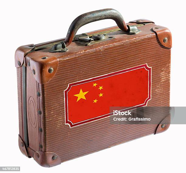 Antique Leather Suitcase With Flag Of China Stock Photo - Download Image Now - Chinese Culture, Suitcase, White Background