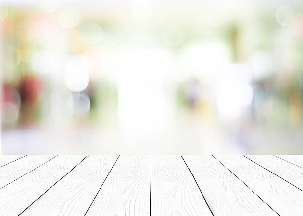 istock White wood table surface with bokeh blurred shop interior 467818020