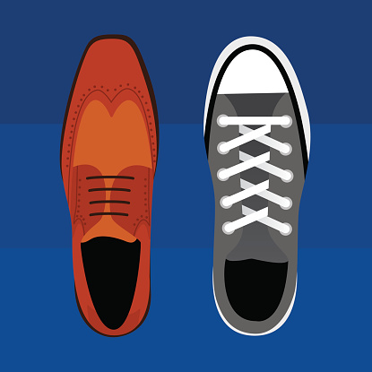 Vector illustration in flat style, of a men's dress shoe and a sneaker representing the balance between work life and social life.