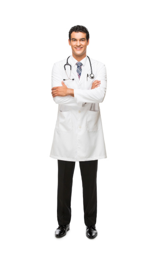 A young latin doctor with arms crossed. Isolated on a white background.