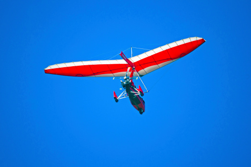 A picture of an air trike seen from the behind, in flight against a background of the blue sky.