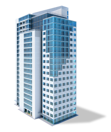 High-rise office building, with large glass facade,  isolated on white background with clipping path. Shadow is left out of clipping path for better editing.
