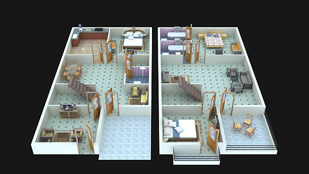 Interior plan20 for home ground floor and first floor- 3D 3D interior design for home (ground floor and first floor), with beautiful furnitures and flooring with black in background. the clinton foundation stock pictures, royalty-free photos & images