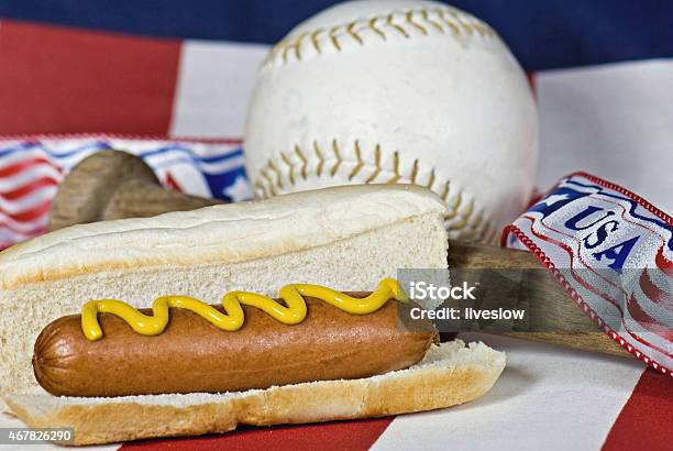 Hot Dog With Bat And Ball Stock Photo - Download Image Now - 2015, American Flag, Blue