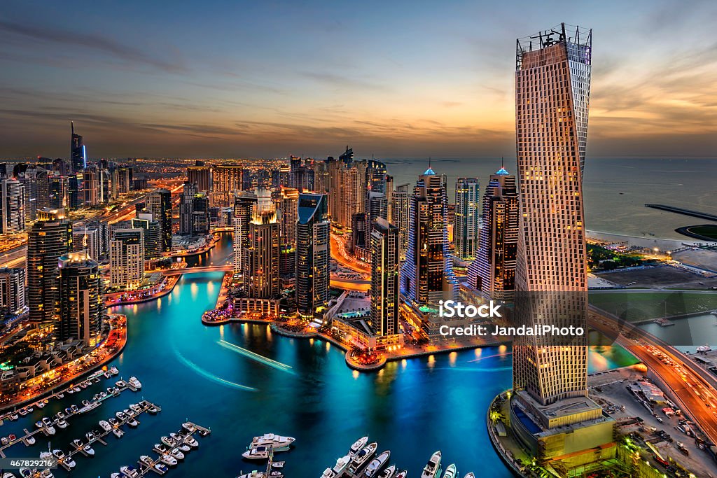 Dubai Marina Dubai Marina from a high view showing the boats, sea, and the city scape. Dubai Stock Photo