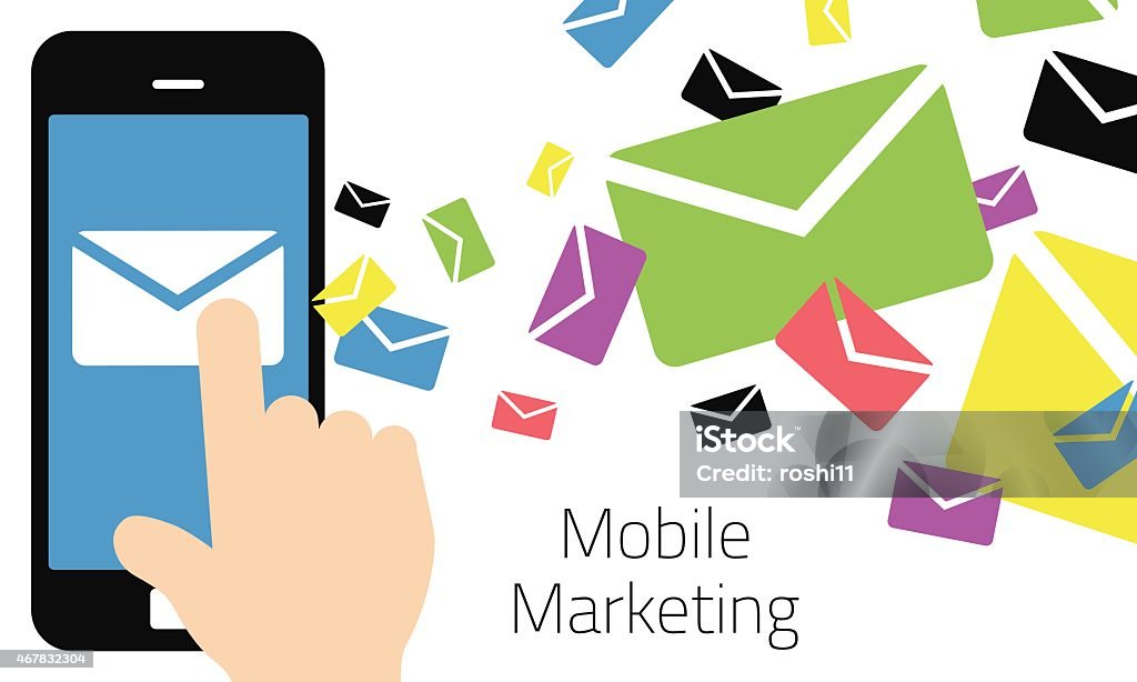 Mobile Marketing - Smart Phone Sending Emails A mobile marketing concept with a person (hand) opening an e-mail related offer on their smart phone. 2015 stock vector