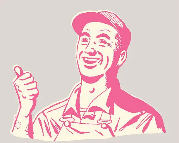 Vector illustration of Farmer Pointing Over His Shoulder with Thumb