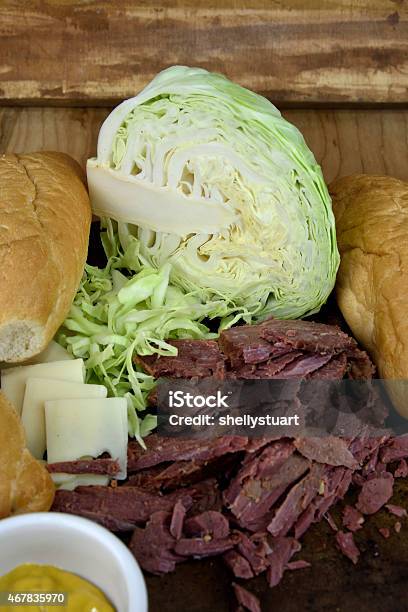 Corned Beef Sandwich Ingredients Stock Photo - Download Image Now - 2015, Bread, Cabbage