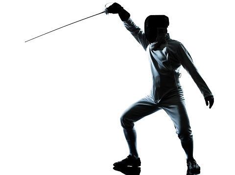 one man fencing silhouette in studio isolated on white background