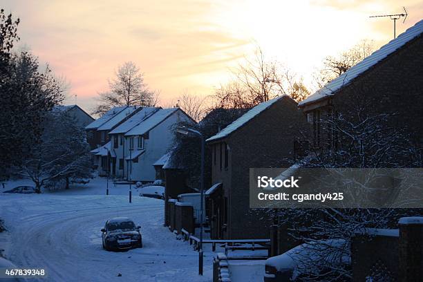 Snowy Village Scene In Winter Stock Photo - Download Image Now - 2015, Blue, City