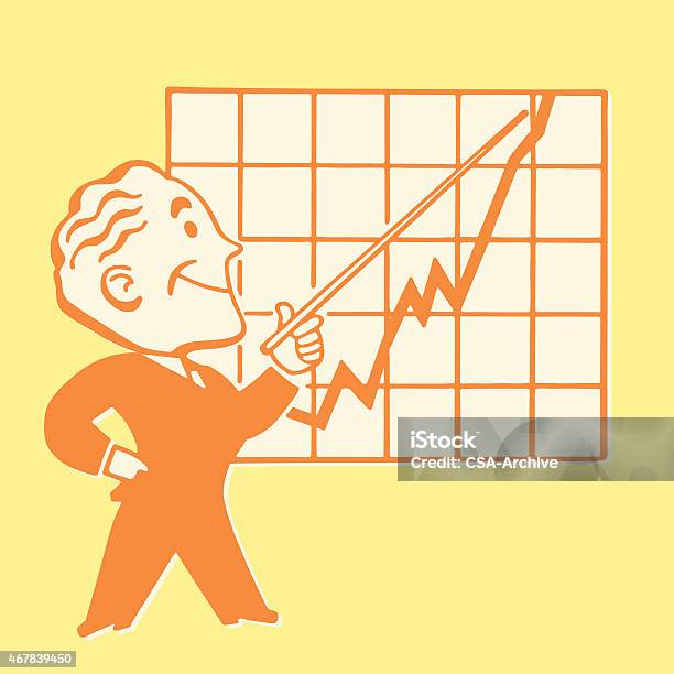 Ilustración de Sonriente Hombre Apuntando A Crecimiento Diagrama De Línea y más Vectores Libres de Derechos de Ganar dinero