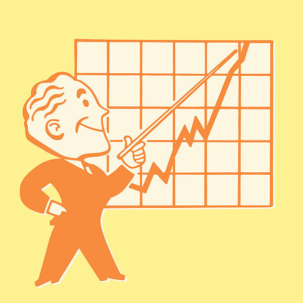 stockillustraties, clipart, cartoons en iconen met smiling man pointing to growing line chart - verkoper
