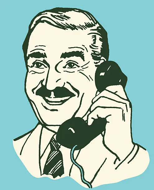 Vector illustration of Man with Mustache Talking on Telephone