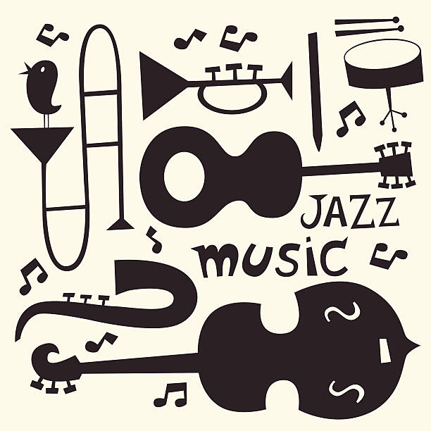 ilustraciones, imágenes clip art, dibujos animados e iconos de stock de vector conjunto de instrumentos de jazz - musical instrument string illustrations