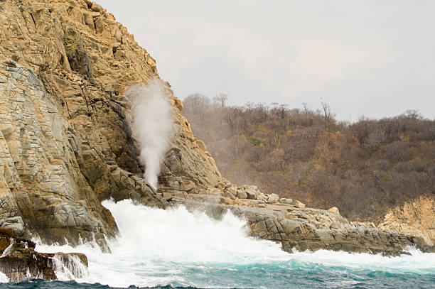 hoyo soplador. la bufadora, bahías de huatulco. punta de santa cruz - commercial dock pier reef rock fotografías e imágenes de stock