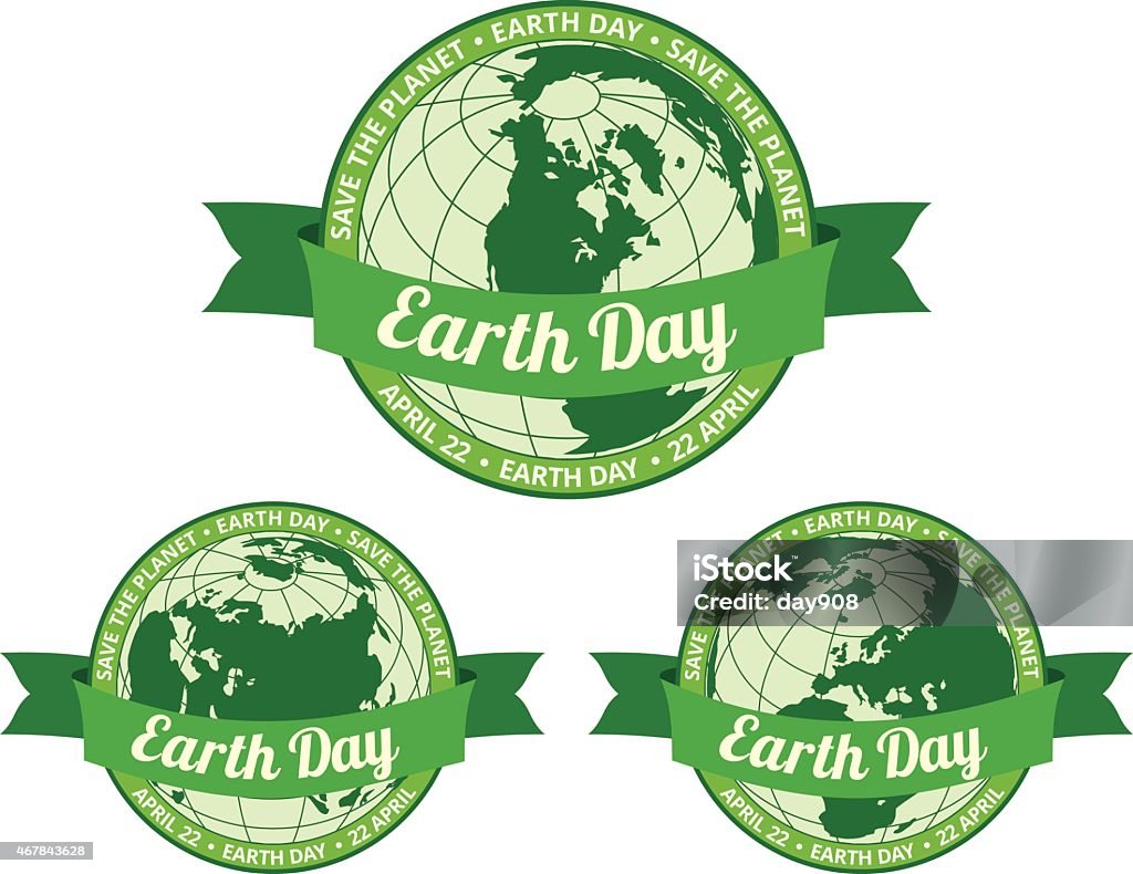 Earth day badge - Save the planet Set of globes with Earth day written inside old style banner and Save the planet slogan around. EPS8 vector illustration. 2015 stock vector