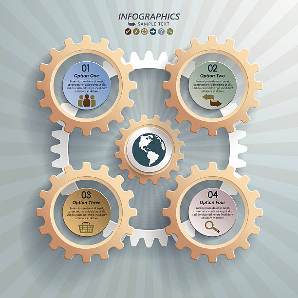 infografiki tło z pięciu cogwheels z opcji mechanik - gear machine part wheel four objects stock illustrations