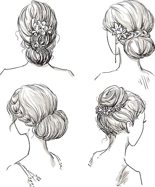 ilustrações, clipart, desenhos animados e ícones de conjunto de penteados. penteado de noiva. desenho à mão. - bride women wedding flower