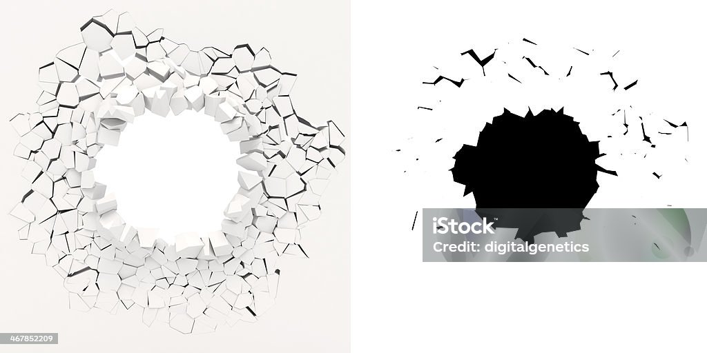 3D graphic of white wall crumbling from inside 3d wall destruction Flooring Stock Photo