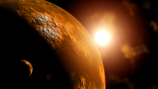 High resolution rendered image of planet Mars at sunrise
