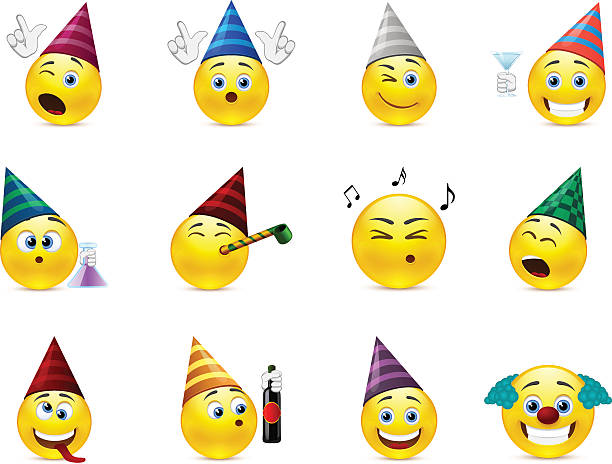 Smiles party Funny smileys in caps for the holiday birthday good job emoji stock illustrations