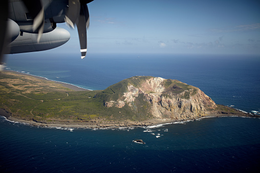 Mount Suribachi on Iwo Jima as seen from a c-130 circling the island.