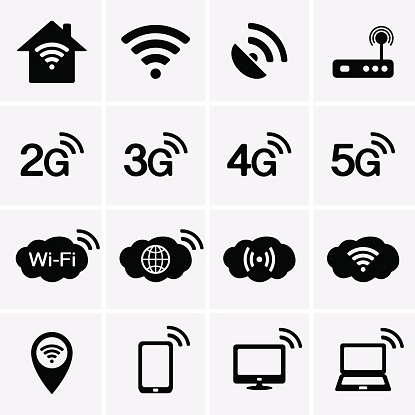 Wireless and Wifi icons. 2G, 3G, 4G and 5G technology symbols. Vector