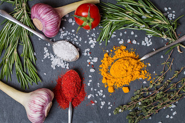 spoons with spices and herbs on textured black