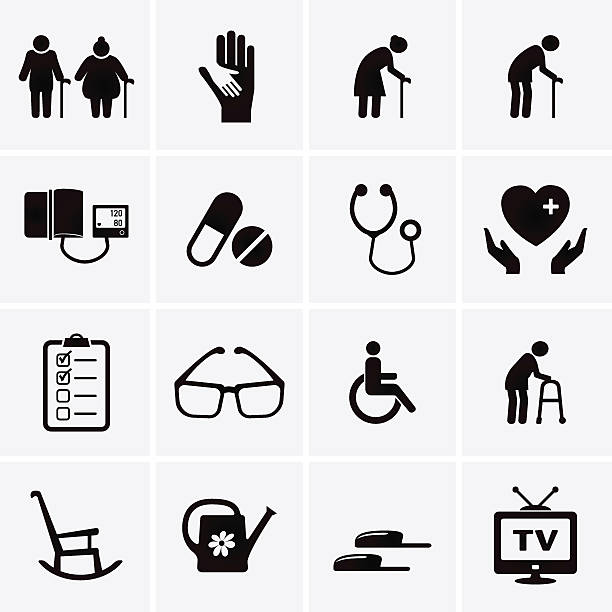 펜셔너 및 고령 관리용품 아이콘 - silhouette interface icons wheelchair icon set stock illustrations