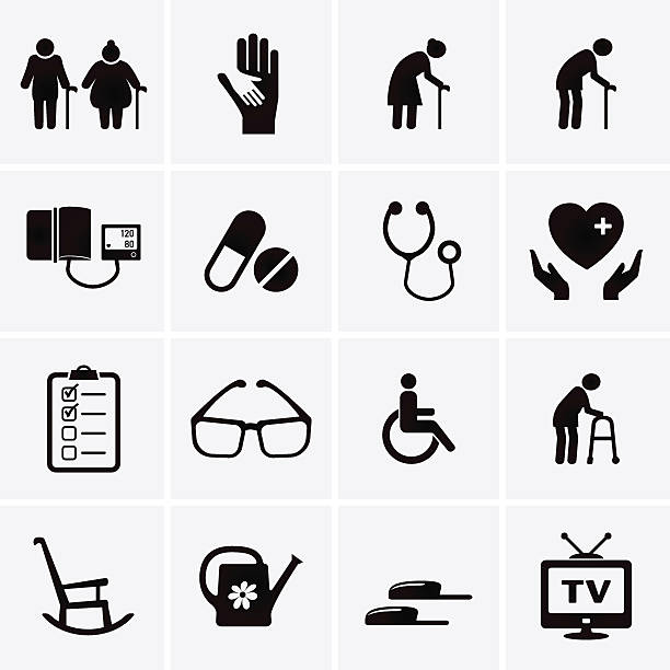 пенсионер и пожилой уход значки - silhouette interface icons wheelchair icon set stock illustrations