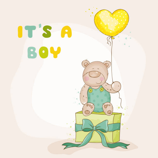 ilustrações de stock, clip art, desenhos animados e ícones de bebê chuveiro e chegada-placa com bebê urso - backgrounds party birthday announcement message