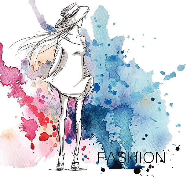 illustrations, cliparts, dessins animés et icônes de croquis de mode. fille sur un fond aquarelle. - love abstract adult art