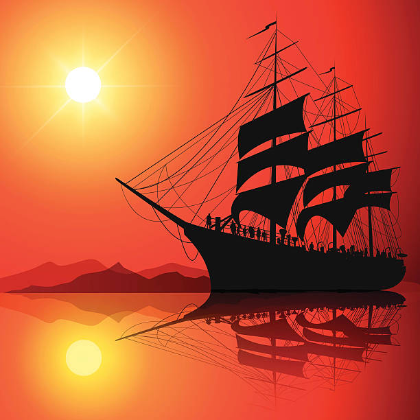 ilustrações, clipart, desenhos animados e ícones de vela ao pôr-do-sol - silhouette nautical vessel sea morning